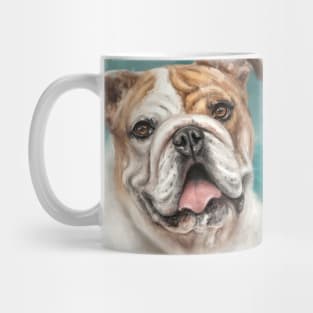 Painting of a White and Brown Bulldog With Its Tongue Out on Blue Background Mug